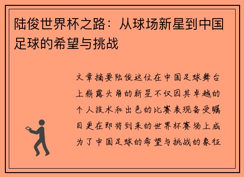 陆俊世界杯之路：从球场新星到中国足球的希望与挑战